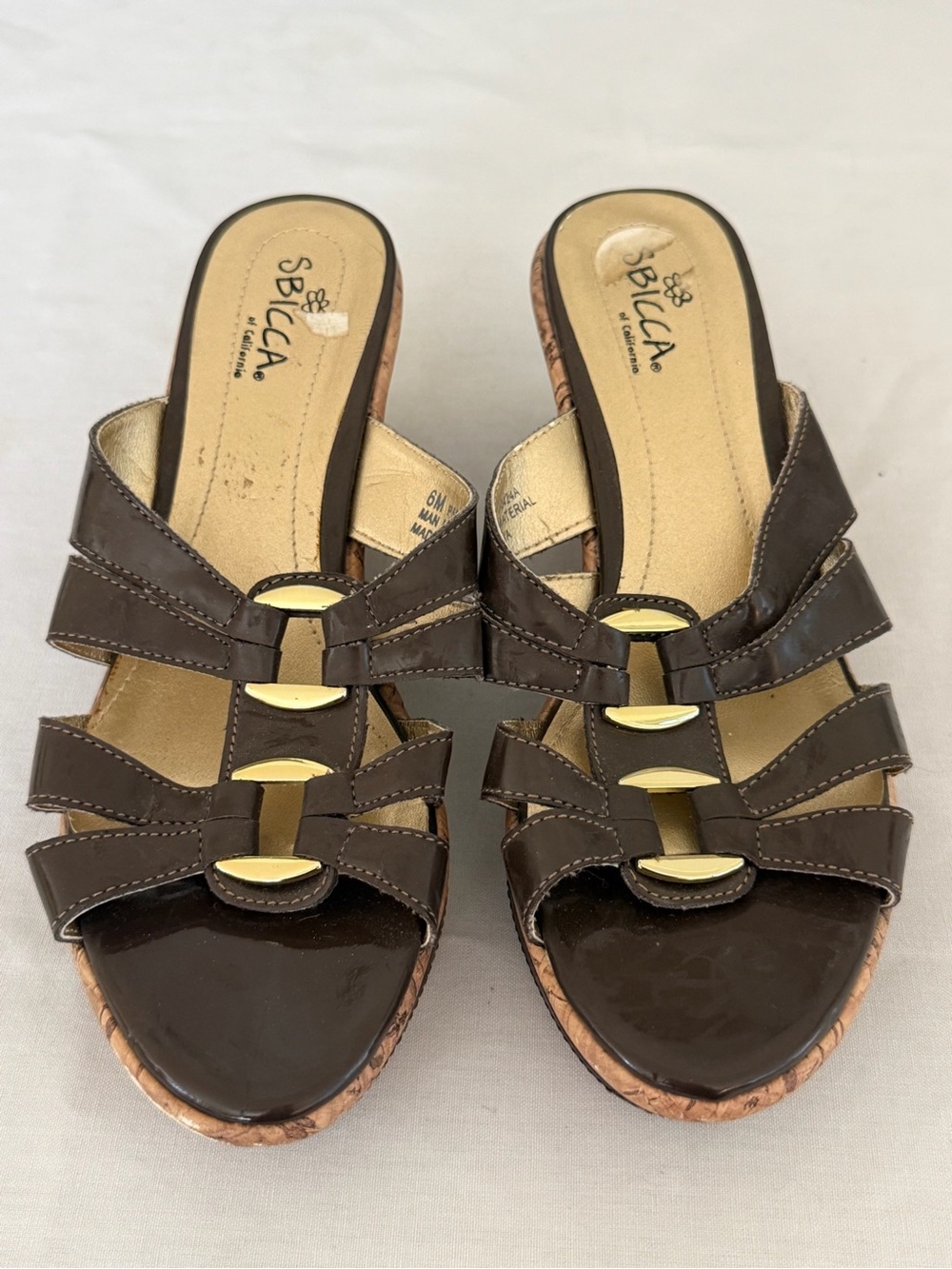 Sbicca Dark Brown Leather Slide Mules with Gold Accents